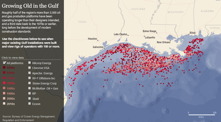Growing Old in the Gulf. Roughly half of the region's more than 3,000 oil and gas production platforms have been operating longer than their designers intended, and a third date back to the 1970s or earlier, long before the development of modern construction standards. The Wall Street Journal / Bureau of Ocean Energy Management, Regulation and Enforcement