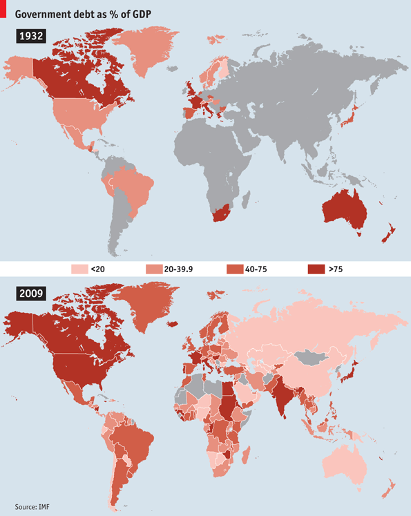 Global Government Debt in 1932 and 2009. The maps compare debt levels in 1932 and 2009. Most countries have become more indebted in the intervening years. In 1932 US debt amounted to 33% of GDP, compared with 84% in 2009. But some, including South Africa, Australia and New Zealand, have gone the other way. IMF / economist.com