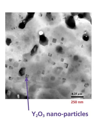 Amperium wire architecture: Transmission electron micrograph of yttria nanodots in the YCBO matrix.