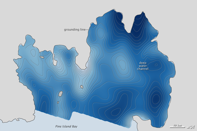 This image shows the topography—the height and depth of the ocean floor—beneath Pine Island Glacier. The deepest regions (navy blue) descend about 1,200 meters (3,900 feet) below sea level, while elevated seamounts and shoals (pale blue to white) are mostly 200 meters (650 feet) below sea level. NASA Earth Observatory image created by Jesse Allen