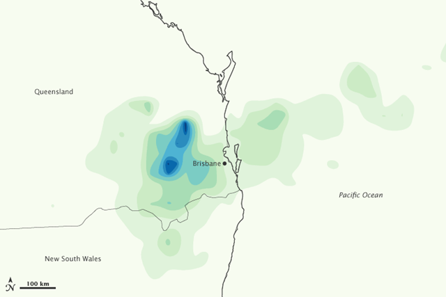 This image, made from the Multi-Satellite Precipitation Analysis (MPA) based on data from the Tropical Rainfall Measuring Mission (TRMM), shows the intense rain in southeast Queensland, Australia on January 10. The storm was relatively concentrated, with the highest rainfall west and northwest of Brisbane. In the darkest blue regions, the TRMM MPA recorded rainfall totals greater than 200 millimeters (8 inches) for the day. NASA Earth Observatory image by Jesse Allen