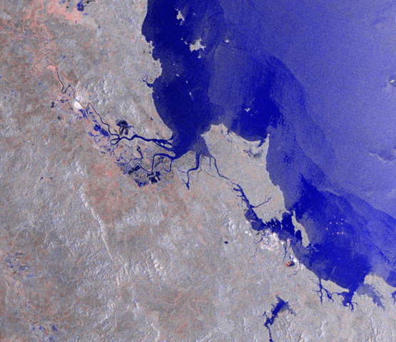 This Envisat image shows the flooded area - represented by the blue colour – south of Rockhampton in Queensland, Australia. Envisat acquired this multi-temporal false colour image with its onboard Advanced Synthetic Aperture Radar (ASAR) instrument, working in wide swath medium resolution (WSM) mode, in January 2011. esa.int