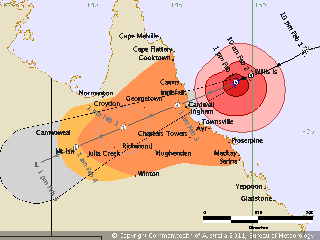 Tropical cyclone forecast track map: Severe Tropical Cyclone Yasi, 2:01 pm AEST, Wednesday 2 February 2011. BUREAU OF METEOROLOGY
