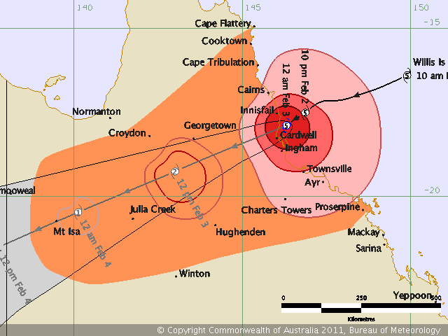 Eye of Cyclone Yasi crossing over Queensland coast. Tropical cyclone forecast track map: Severe Tropical Cyclone Yasi, 11:59 pm AEST, Wednesday 2 February 2011. BUREAU OF METEOROLOGY