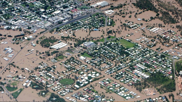 Aerial view of flooding in Queensland, Australia, 1 January 2011. The view from the air shows the extent of the flooding, with whole towns submerged in murky waters. Reuters / bbc.co.uk