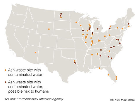 In 2007, the Environmental Protection Agency identified 67 coal or oil ash waste sites where ground water and wells had been contaminated over the past decades with heavy metals and other toxic materials. At 24 sites, the water had migrated to the extent that it could threaten human health. The New York Times / EPA