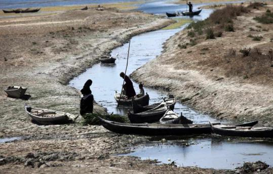 Women gather grass in Hor al-Hammar, Iraq, April 2009. Drought has enveloped a region starting to recover from when Saddam Hussein drained lakes and swamps to punish rebellion. Hadi Mizban / Associated Press