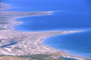 The receding waters of the Dead Sea are revealing peninsulas. The waters recede at about one meter per year. foeme.org
