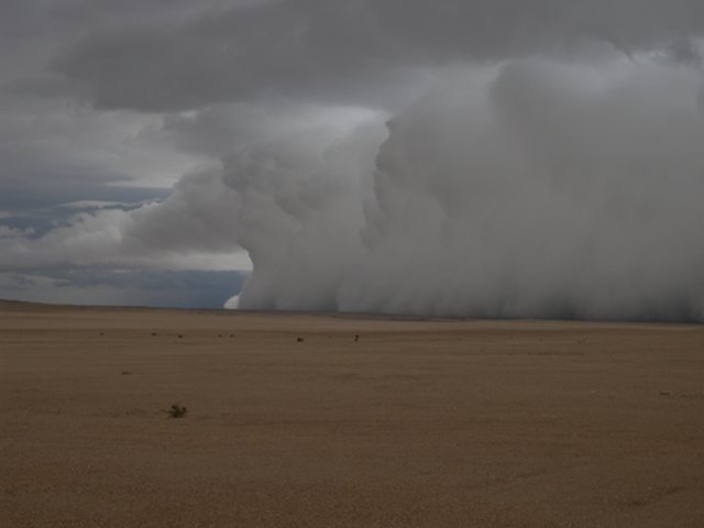 A shelf cloud passes over one of the driest regions on the African continent: the Namib desert. The shelf cloud is associated with a high-precipitation supercell thunderstorm. In 2010 and 2011, huge rain events have produced floods in southern Africa, impacting Namibia, Botswana, and South Africa. Photo courtesy of NASA