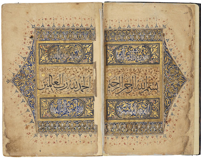 The opening spread of this Koran is richly illuminated, with the first two lines of the surah al-Fatihah (the Opening). Iran, probably Shiraz. 1336-1354 A.D. 21.9 x 14.3 cm. Thuluth, naskh and kufic scripts. Courtesy of the Nasser D Khalili Collection of Islamic Art.