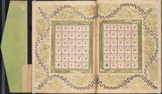 Muhammad Shafiq (died 1879 AD) was a major Ottoman calligrapher, who excelled in his instructional calligraphic pieces. This particular work is one of them. The shown pictures exhibit intricate arabesque floral design, typical of the late Ottoman period.
