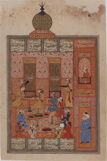 This text describes an episode from the "Haft Paykar" (Seven Thrones) of Nizami (d. 614/1218), the fourth book from his "Khamsah" (Quintet). In this romantic allegory of love and frustration, the Sassanian ruler Bahram Gur (r. 420-438) visits seven pavilions on each of the seven days of the week. The verses are executed in black nasta'liq script in four columns separated by gold gutters.