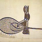The Ottoman tughra is a calligraphic emblem of the sultan's authority that was included in all official documents, such as firmans (royal decrees), endowment papers, correspondence, and coins. Used by the first Ottoman sultan in 1324, it later developed into a more complex form that included three vertical shafts and two concentric oval loops on the left. It consists of the name of the reigning sultan, his father's name, his title, and the phrase "the eternally victorious." This unique calligraphic emblem was not easily read or copied. Therefore, a specific court artist was designated to draw the undecorated, standard tughra. A court illuminator assisted him in the exquisite decoration of the tughra on certain imperial documents. The illuminator's delicate scroll design and naturalistic flowers enhance the harmonious lines of calligraphy, creating a colorful voluminous effect.