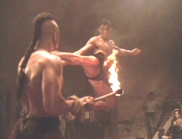 jean-claude van damme as kurt sloane kicking Tong Po in final fight of kickboxer movie