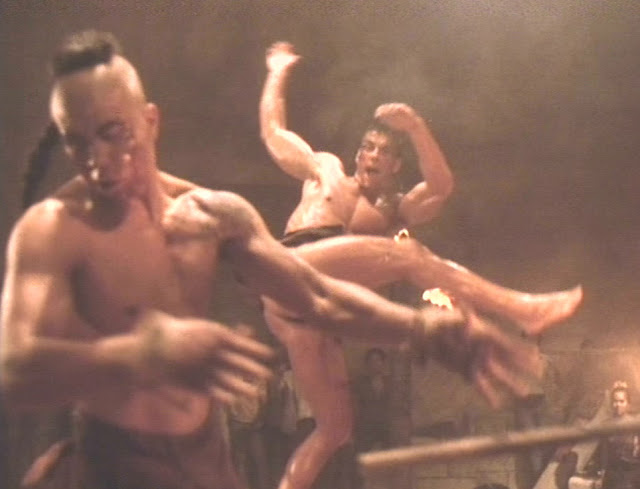 jean-claude van damme as kurt sloane kicking Tong Po in final fight of kickboxer movie
