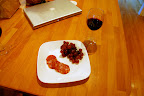 We started off with a small appetizer of really good peperroni and grapes from the Ferry building farmer's market. And wine, of course.