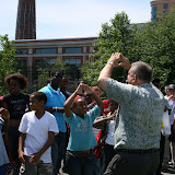 Curt Collier of Groundwork Yonkers and Groundwork USA, who did most of the organizing for the event, led the group in some  great team building activities. Here he is teaching everyone the Groundwork sign.