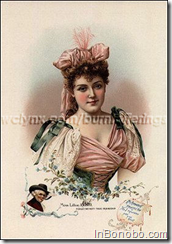 The American Tobacco Company, successor to Allen and Ginter, issued a large souvenir booklet in 1893 titled Floral Beauties. Lillian Russell and Miss Johnstone Bennett, plus ten other popular stage actresses were pictured with different floral arrangements. Miss Russell's page pictures her with Forget-me-nots, and states that the flowers mean true friendship. Miss Bennett is pictured with a Carnation, which means pride and beauty. The booklet's high quality chromolithography makes these paintings absolutely breathtaking. Floral Beauties was a mail in offer advertising either Richmond Straight Cut or Pet cigarettes.