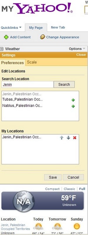 Yahoo Weather Erases Ariel, Israel From Map