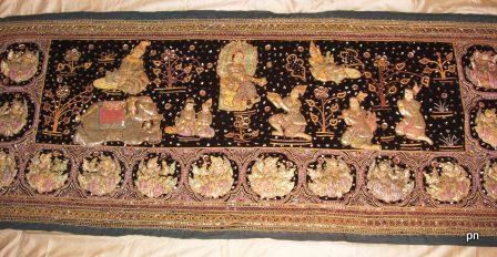 I have 6 beautiful Burmese Tapestrys purchased in 1980 in Northern Thailand for sale. They are colorful embroidered tapestries, called Kalagas, from Myanmar (formerly known as Burma). All are very detailed--unlike the newer ones. Kalagas commonly depict stories from the Jataka (Buddhas journey towards enlightenment) and the Ramayana (Hindu epic Journey of King Rama) as well as historical scenes, lucky animals and signs of the zodiac. Like the decorations you might see in an ornate Burmese temple, Kalagas are awash in colorful and shiny details.In general, more intricate embroidery (with fewer blank spaces) and more generous use of sequins will merit a higher price--along with size. Extra Large and beautiful pictured below...7 long x 32\