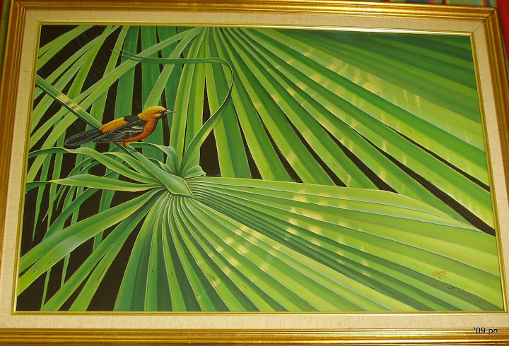 Beautiful original oil painting of a Shama Thrush bird lighting on a large fan palm leaf very fun with a tiny ant in the far corner--very smart and artfully painted--Unique!Framed in gilded gold wooden frame that is ready to hang on the wall.Size:  2 6\