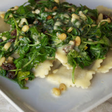 Ravioli with Arugula, Pine Nuts & Raisins