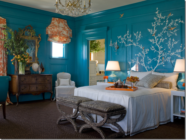 chinoiserie blue orange bedroom designer