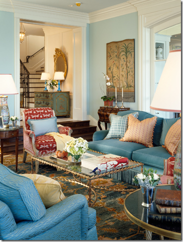 chic designer living room blue red