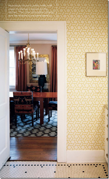 yellow trellis wallpaper kitchen