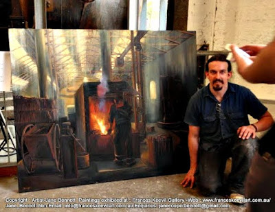 oil painting portrait of Blacksmith at the forgeof 'Wrought Artworks' Eveleigh Railway Workshops by industrial heritage artist Jane Bennett oil painting portrait of Blacksmith at the forgeof 'Wrought Artworks' Eveleigh Railway Workshops by industrial heritage artist Jane Bennett