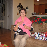 Dan's mom with her scarf and brooch from Malaysia, Christmas 2009
