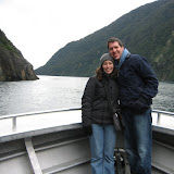 Here we are at the front of the boat on our Milford Sound boat cruise.