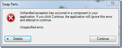 Unhandled exception has occurred in a component in your application. If you click continue the application will ignore this error and attempt to continue.