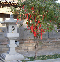 Prayer ribbons tied to trees
