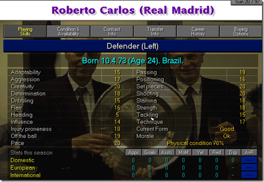 Roberto Carlos in Championship Manager 97/98