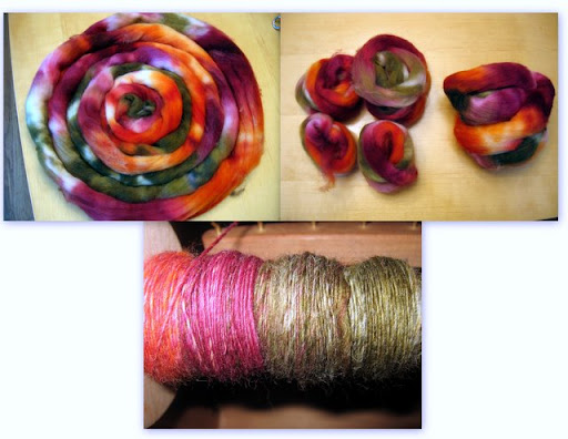 Tour De Fleece Day 2 Spinning Upper left: Spunky Club June 09. Upper Right: Fiber prepped for fractal spinning. Bottom: Single spun from the length with long color runs.