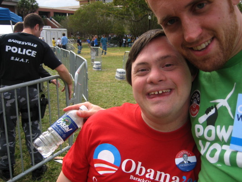 This is Josh. Hes the life of our office. We took this picture outside the Biden rally today. Everytime he sees me he comes up and gives me a hug. He loves my name.