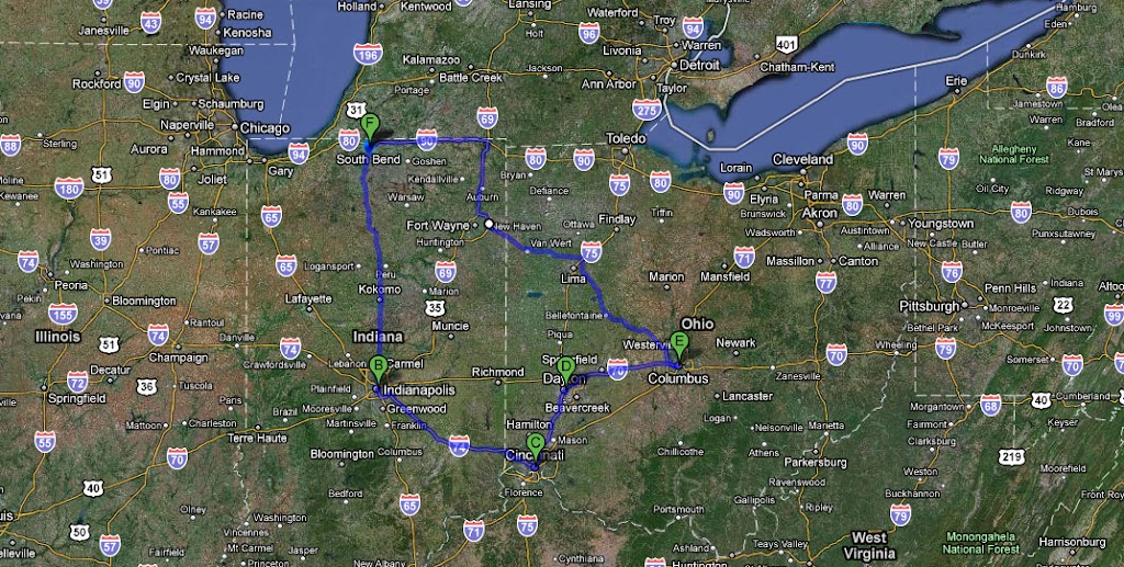 map South Bend Indianapolis Cincinati Columbus Саус Бенд Индианаполис Цинцинати Колумбус Dayton Дайтон Дейтон