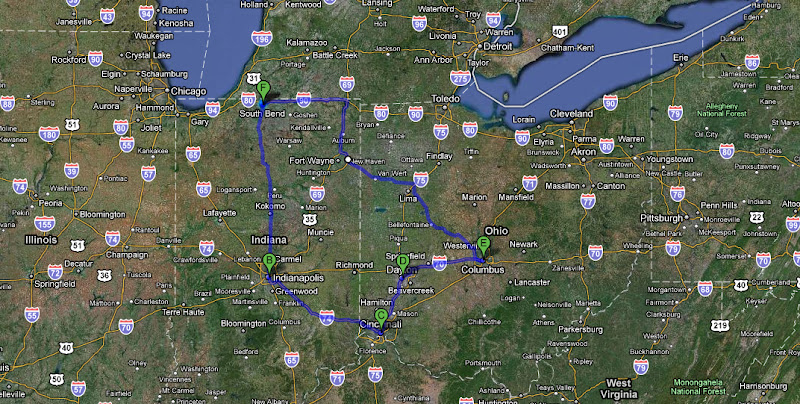 map South Bend Indianapolis Cincinati Columbus Саус Бенд Индианаполис Цинцинати Колумбус Dayton Дайтон Дейтон