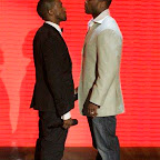 50 Cent, right, and Kanye West face off before they present an award at the MTV Video Music Awards at the Palms Hotel and Casino on Sunday, Sept. 9, 2007, in Las Vegas. (AP Photo/Mark J. Terrill)