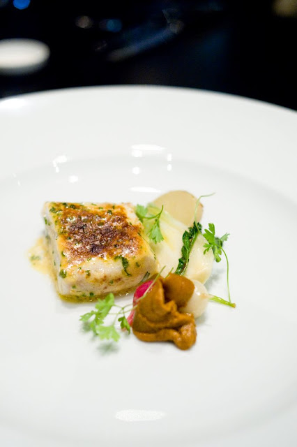 Suzuki Mulloway with sea urchin and baby vegetables Suzuki Mulloway with sea urchin and baby vegetables
