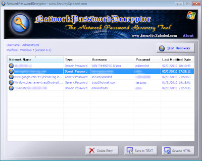 NetworkPasswordDecryptor showing all the decrypted network based password