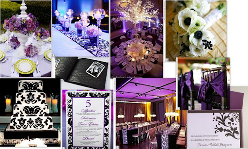 purple damask white black wedding photos