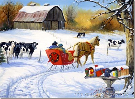 Country Christmas cows with sleigh