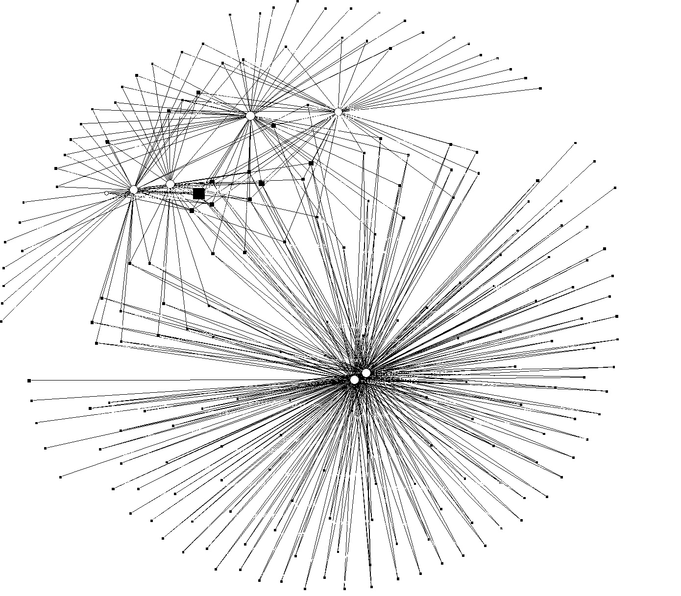 Représentation des échanges sur le Hub Bzh Network. Analyse du hub Bzh Network (Viadéo). En blanc les 6 forums. Les carrés noirs sont les auteurs. La taille est proportionnelle au nombre des messages.