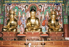 Gyeongsan Seated wooden  buddhist triad statue in Gyeongheungsa Temple)