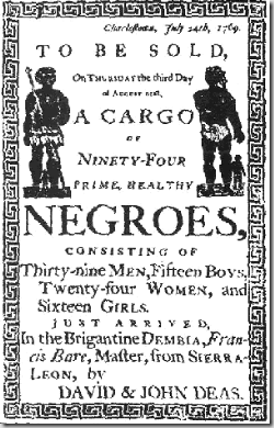 affiche pour une vente d'esclaves 1769