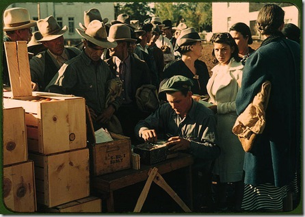 Distributing surplus commodities. St. Johns, Arizona, October 1940. Reproduction from color slide. Photo by Russell Lee. Prints and Photographs Division, Library of Congress Distributing surplus commodities. St. Johns, Arizona, October 1940. Reproduction from color slide. Photo by Russell Lee. Prints and Photographs Division, Library of Congress