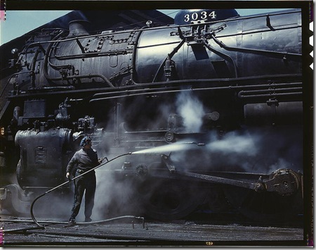 Mrs. Viola Sievers, one of the wipers at the roundhouse giving a giant "H" class locomotive a bath of live steam. Clinton, Iowa, April 1943. Reproduction from color slide. Photo by Jack Delano. Prints and Photographs Division, Library of Congress Mrs. Viola Sievers, one of the wipers at the roundhouse giving a giant "H" class locomotive a bath of live steam. Clinton, Iowa, April 1943. Reproduction from color slide. Photo by Jack Delano. Prints and Photographs Division, Library of Congress