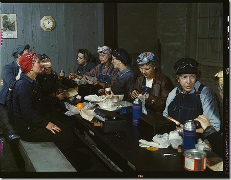 Women workers employed as wipers in the roundhouse having lunch in their rest room, Chicago and Northwest Railway Company. Clinton, Iowa, April 1943. Reproduction from color slide. Photo by Jack Delano. Prints and Photographs Division, Library of Congress Women workers employed as wipers in the roundhouse having lunch in their rest room, Chicago and Northwest Railway Company. Clinton, Iowa, April 1943. Reproduction from color slide. Photo by Jack Delano. Prints and Photographs Division, Library of Congress